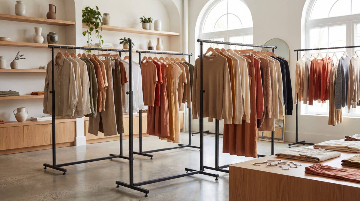 Araras de roupas em uma loja de atacado